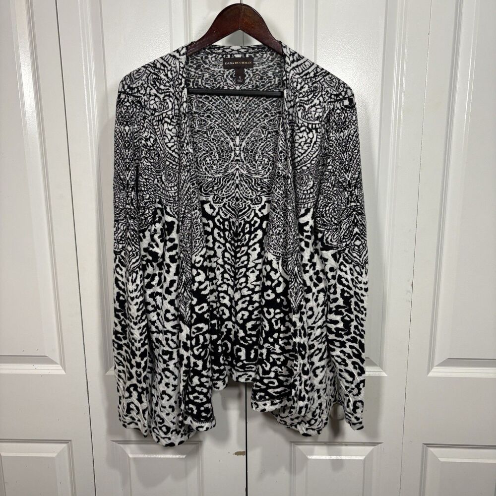 Dana Buchman XL Black White Animal Print Cardigan Women Open Front Boho Chic
